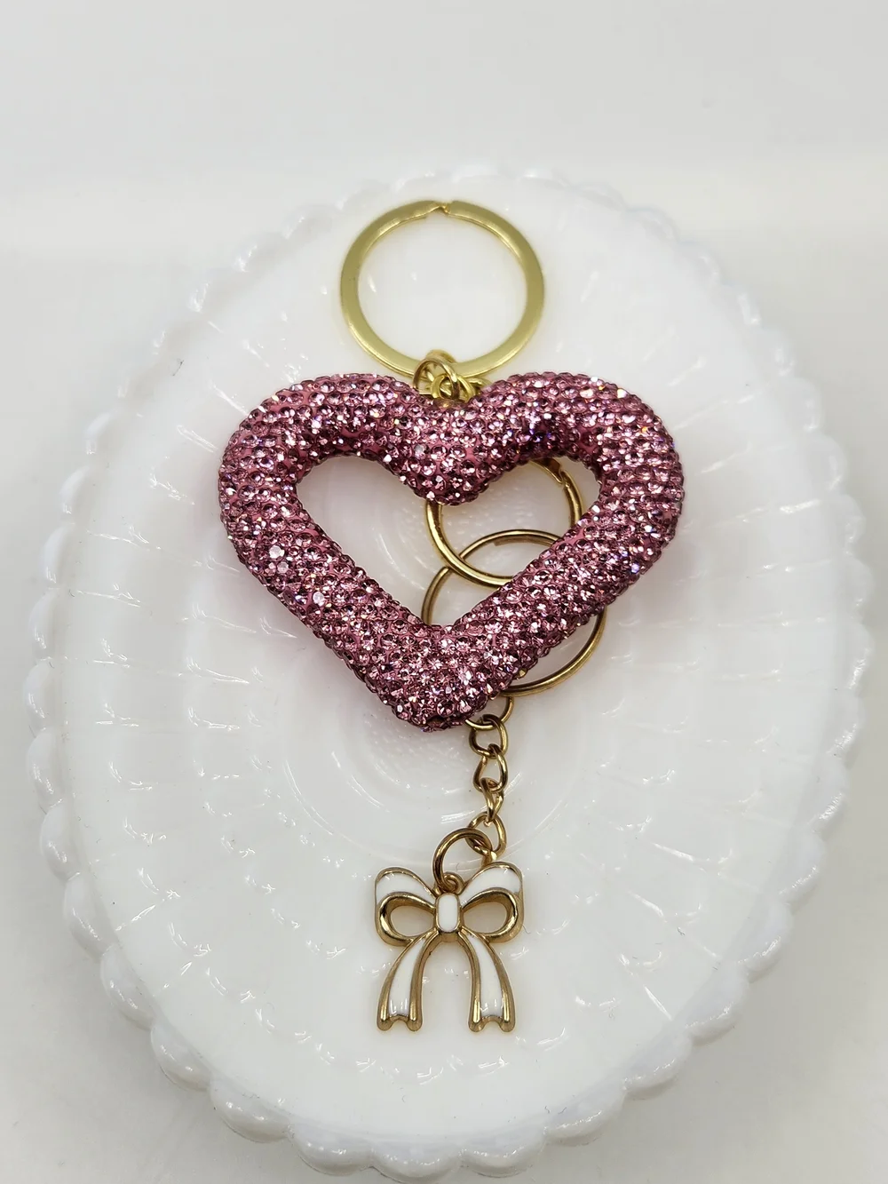 Pink Crystal Heart Keychain with Gold Bow Charm